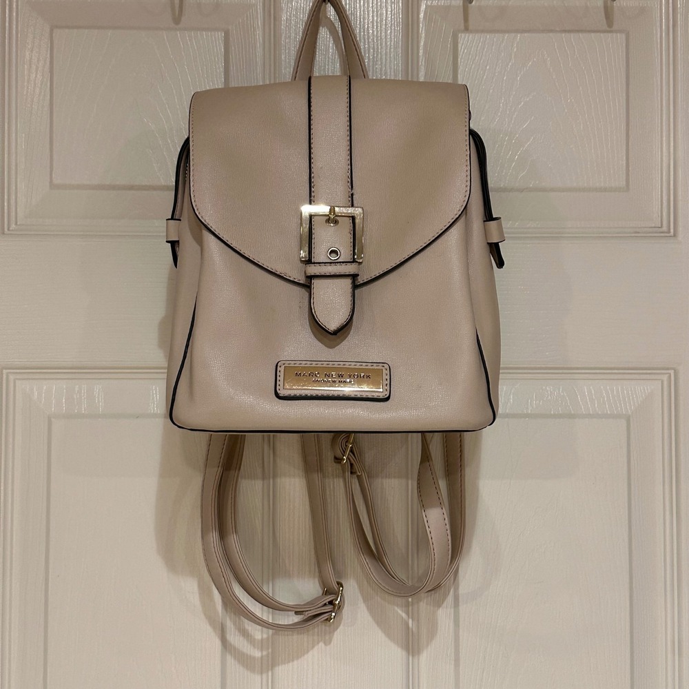 Marc New York Andrew Marc Beige Faux Leather Mini Backpack Gold Buckle Trim